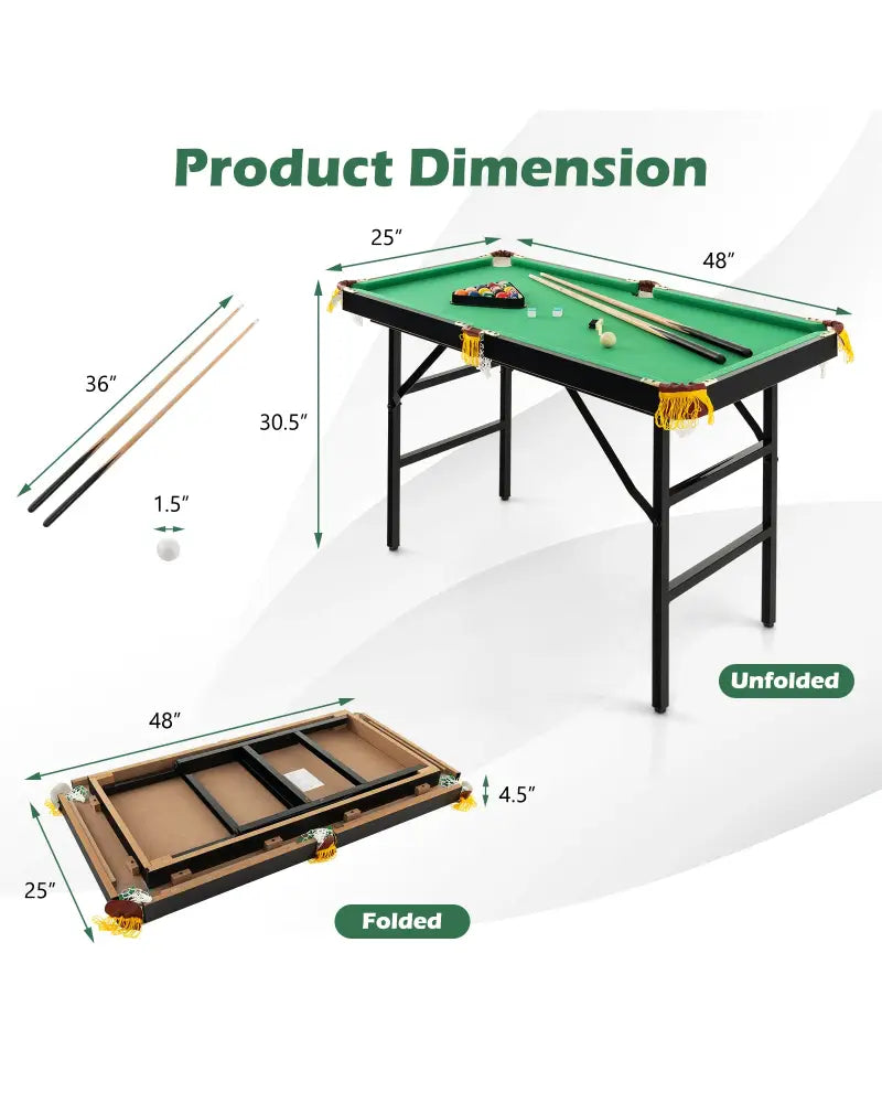47 Inch Folding Billiard Table with Cues and Brush Chalk -Green - Green - Game Room