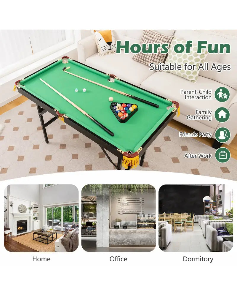 47 Inch Folding Billiard Table with Cues and Brush Chalk -Green - Green - Game Room