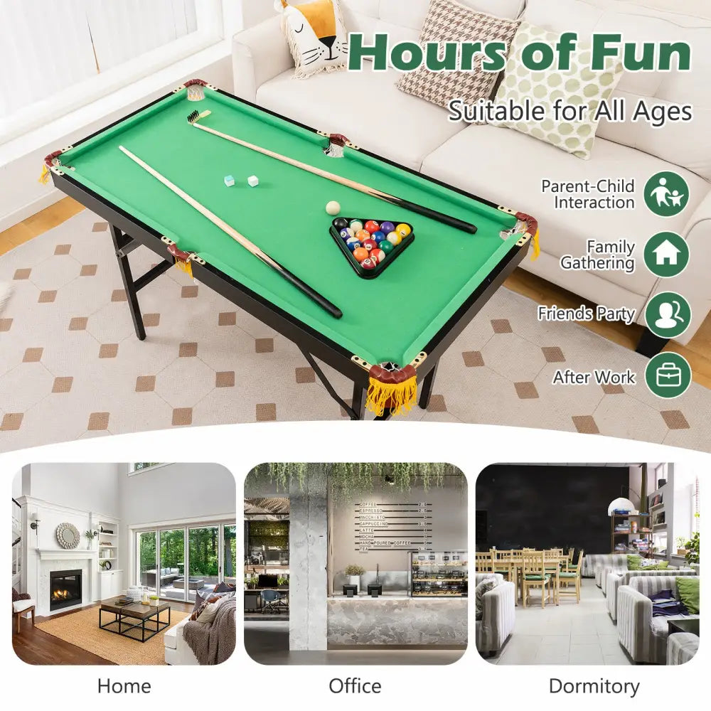 47 Inch Folding Billiard Table with Cues and Brush Chalk -Green - Green - Game Room