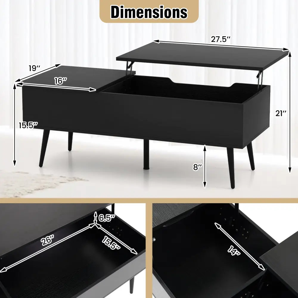 47 Inch Lift Top Coffee Table with 2 Hidden Compartments-Black - Black - Coffee Tables