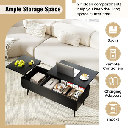 47 Inch Lift Top Coffee Table with 2 Hidden Compartments-Black Costway