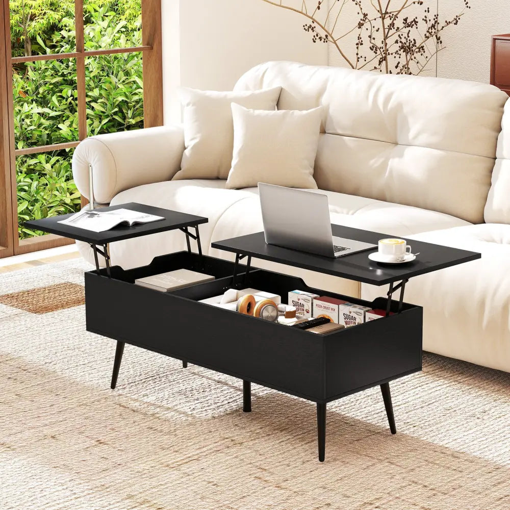 47 Inch Lift Top Coffee Table with 2 Hidden Compartments-Black - Black - Coffee Tables