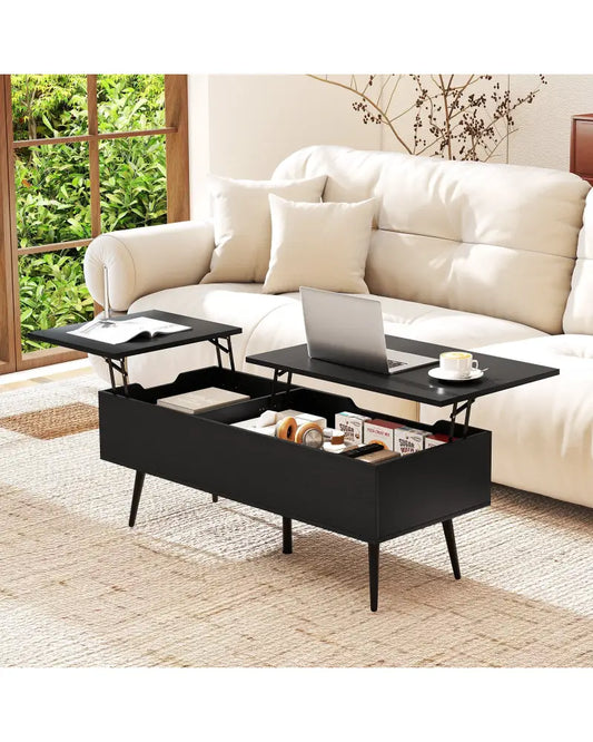 47 Inch Lift Top Coffee Table with 2 Hidden Compartments-Black - Black - Coffee Tables