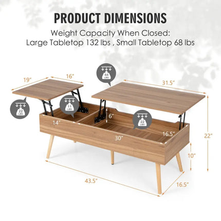 47 Inch Lift Top Coffee Table with 2 Hidden Compartments-Brown Costway