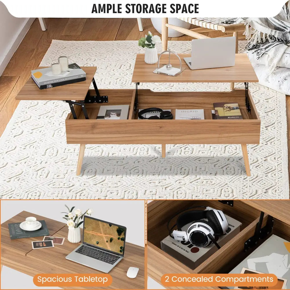47 Inch Lift Top Coffee Table with 2 Hidden Compartments-Brown - Brown - Coffee Tables