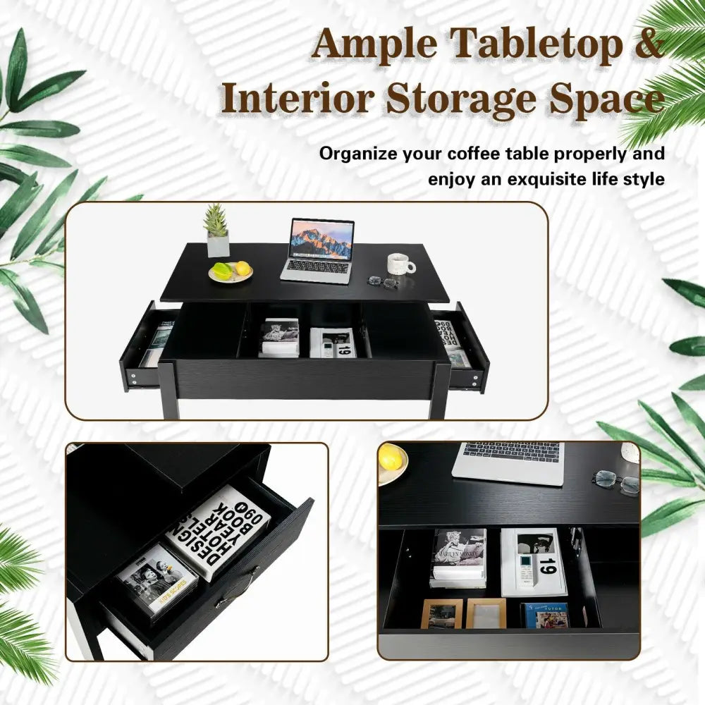 47 Inch Lift Top Coffee Table with Hidden Compartment and Drawers-Black - Black - Coffee Tables