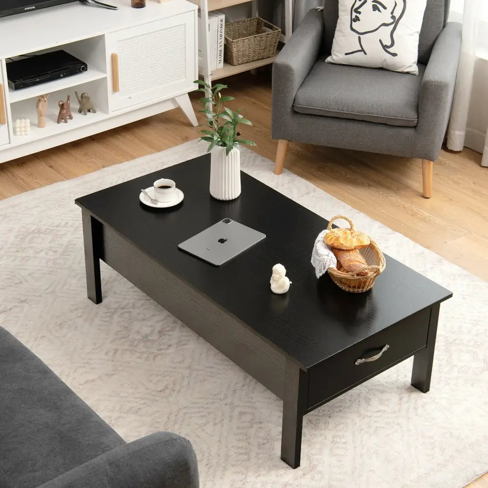 47 Inch Lift Top Coffee Table with Hidden Compartment and Drawers-Black - Black - Coffee Tables