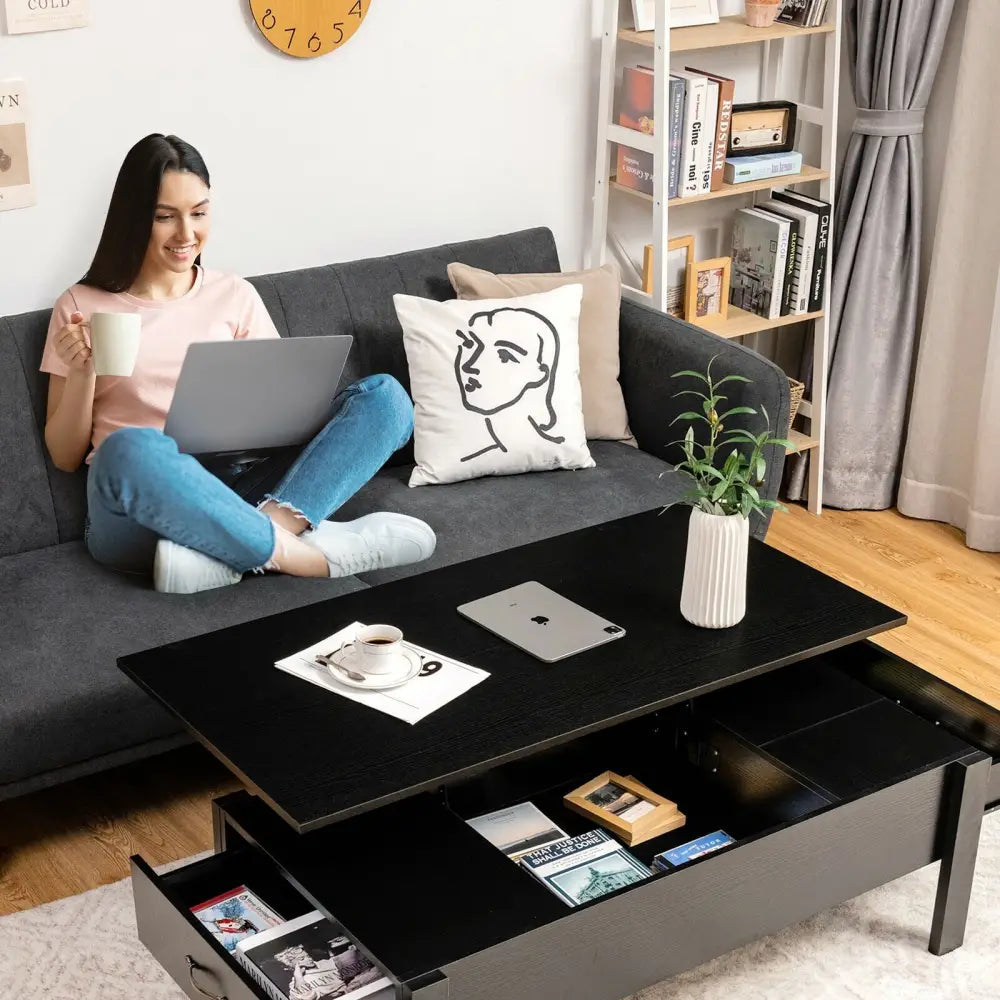 47 Inch Lift Top Coffee Table with Hidden Compartment and Drawers-Black - Black - Coffee Tables