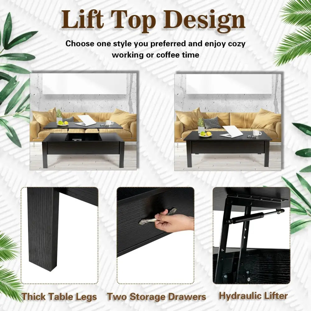 47 Inch Lift Top Coffee Table with Hidden Compartment and Drawers-Black - Black - Coffee Tables