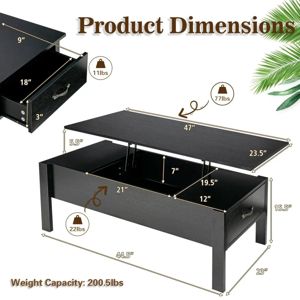 47 Inch Lift Top Coffee Table with Hidden Compartment and Drawers-Black - Black - Coffee Tables