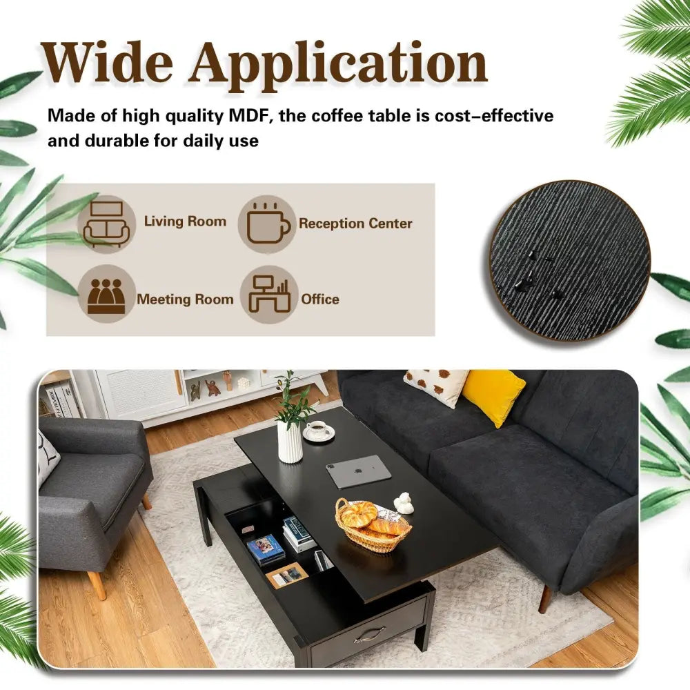 47 Inch Lift Top Coffee Table with Hidden Compartment and Drawers-Black - Black - Coffee Tables