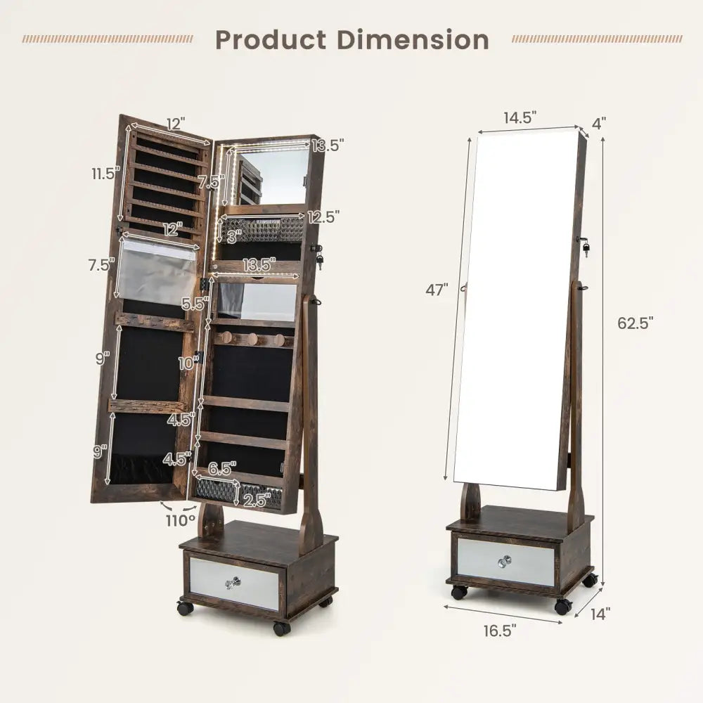 47 Inch Lockable Jewelry Cabinet Armoire with 3-Color LED Lights-Rustic Brown Costway