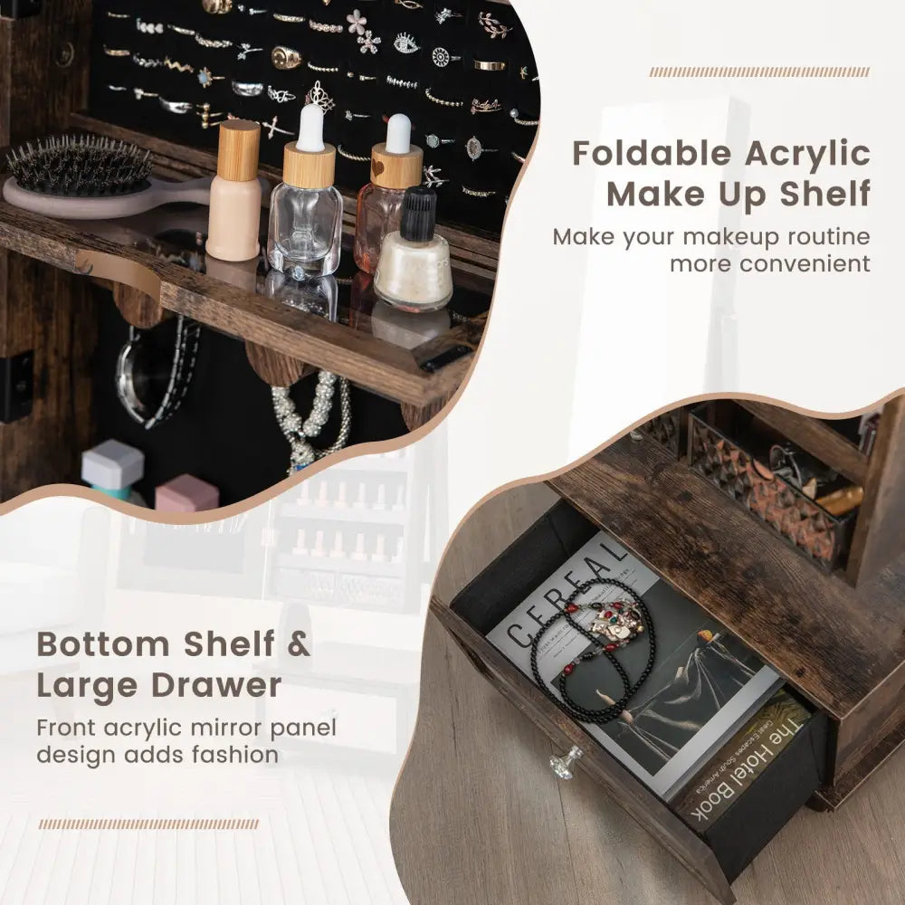47 Inch Lockable Jewelry Cabinet Armoire with 3-Color LED Lights-Rustic Brown Costway