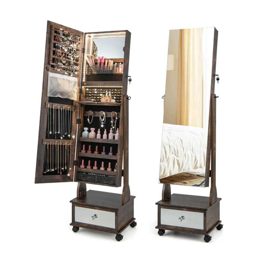 47 Inch Lockable Jewelry Cabinet Armoire with 3-Color LED Lights-Rustic Brown - Rustic Brown - Jewelry Armoires