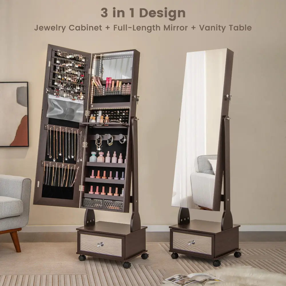 47 Inch Lockable Jewelry Cabinet Armoire with 3-Color LED Lights-Brown - Brown - Jewelry Armoires