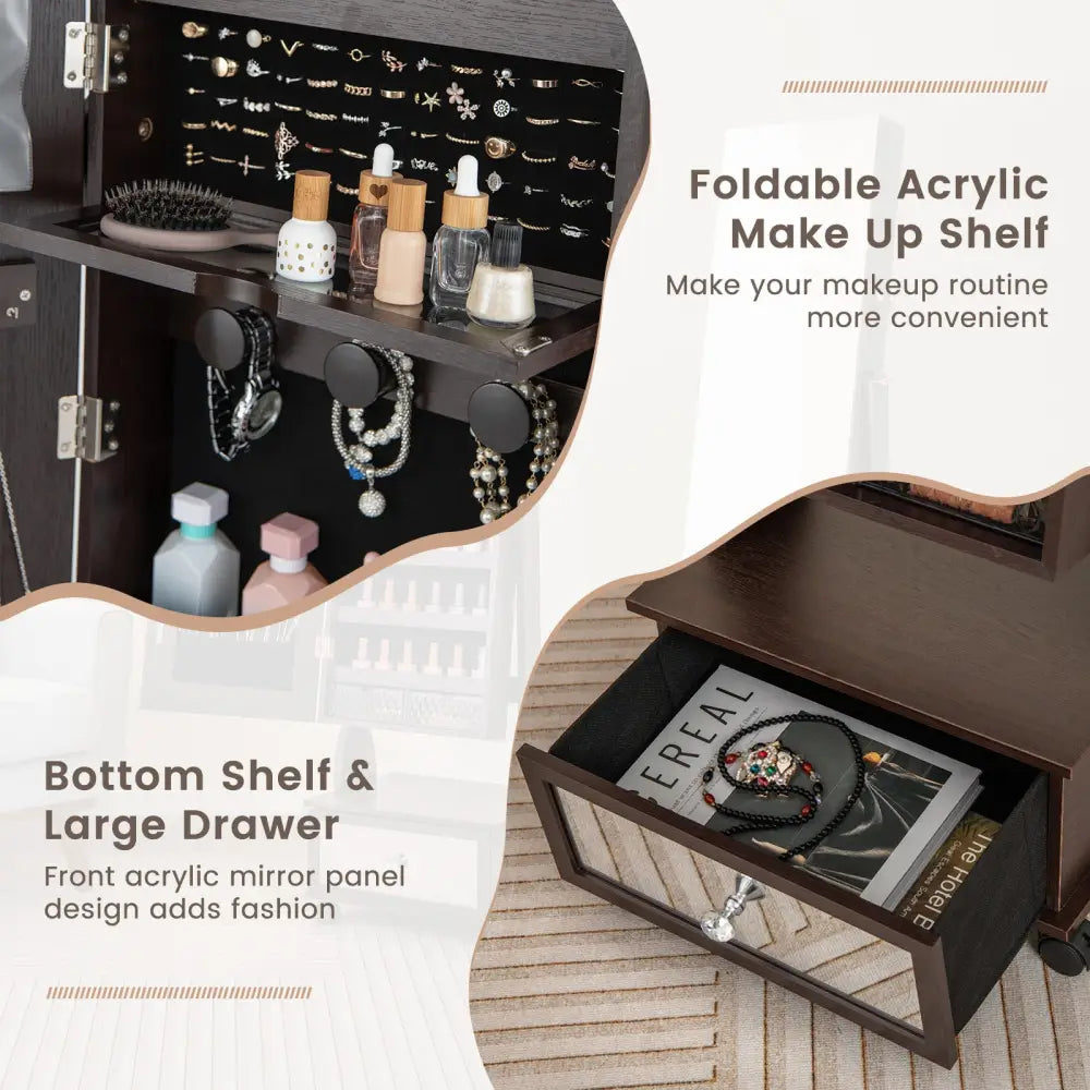 47 Inch Lockable Jewelry Cabinet Armoire with 3-Color LED Lights-Brown - Brown - Jewelry Armoires