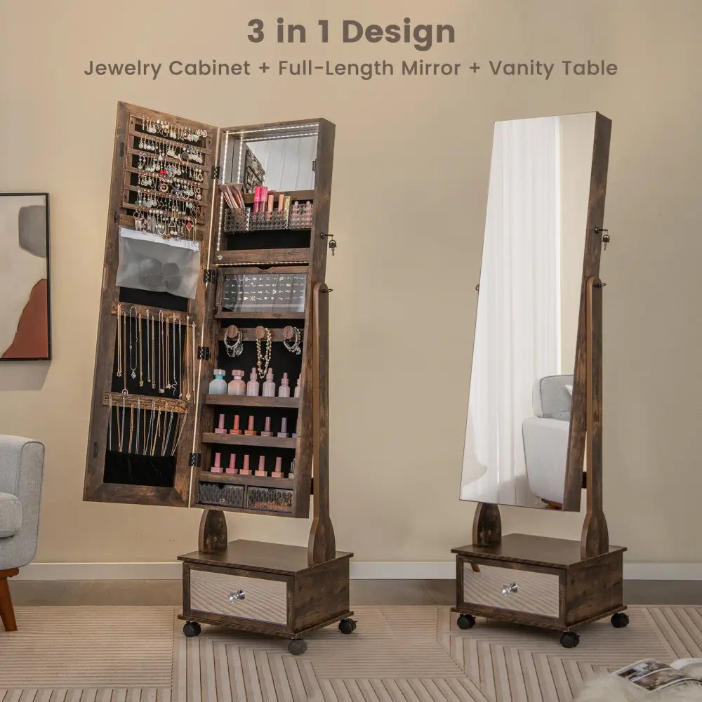 47 Inch Lockable Jewelry Cabinet Armoire with 3-Color LED Lights-Rustic Brown - Rustic Brown - Jewelry Armoires