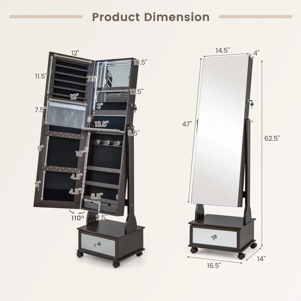 47 Inch Lockable Jewelry Cabinet Armoire with 3-Color LED Lights-Brown - Brown - Jewelry Armoires