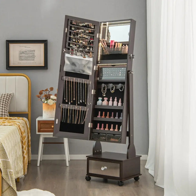 47 Inch Lockable Jewelry Cabinet Armoire with 3-Color LED Lights-Brown Costway