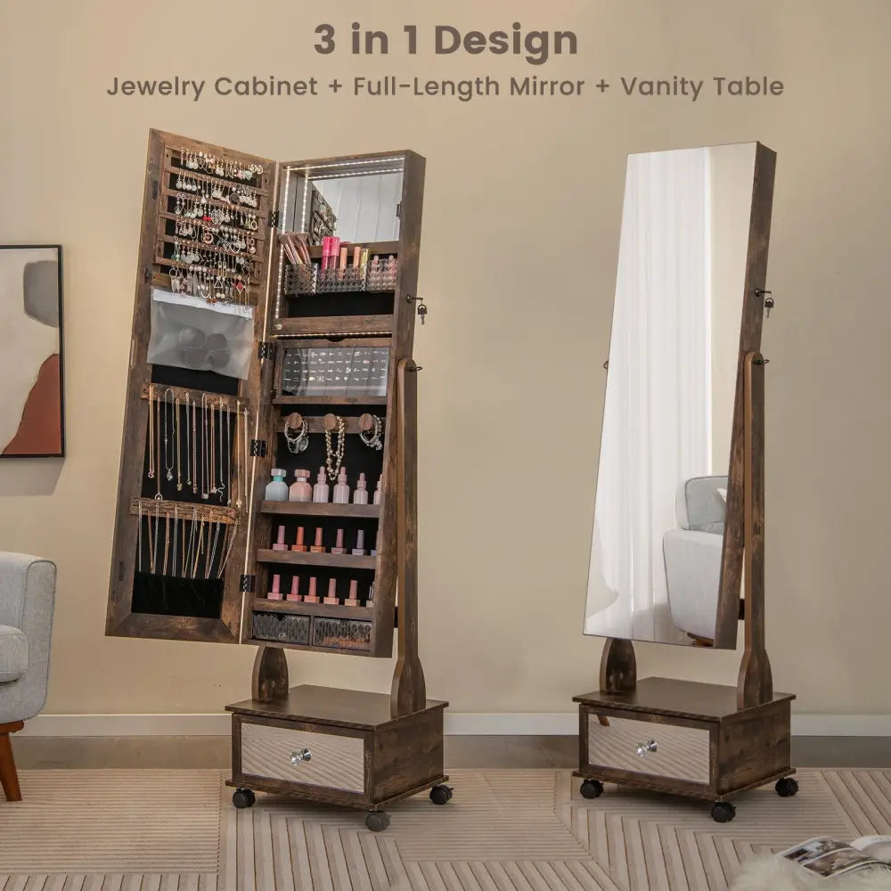 47 Inch Lockable Jewelry Cabinet Armoire with 3-Color LED Lights-Rustic Brown Costway