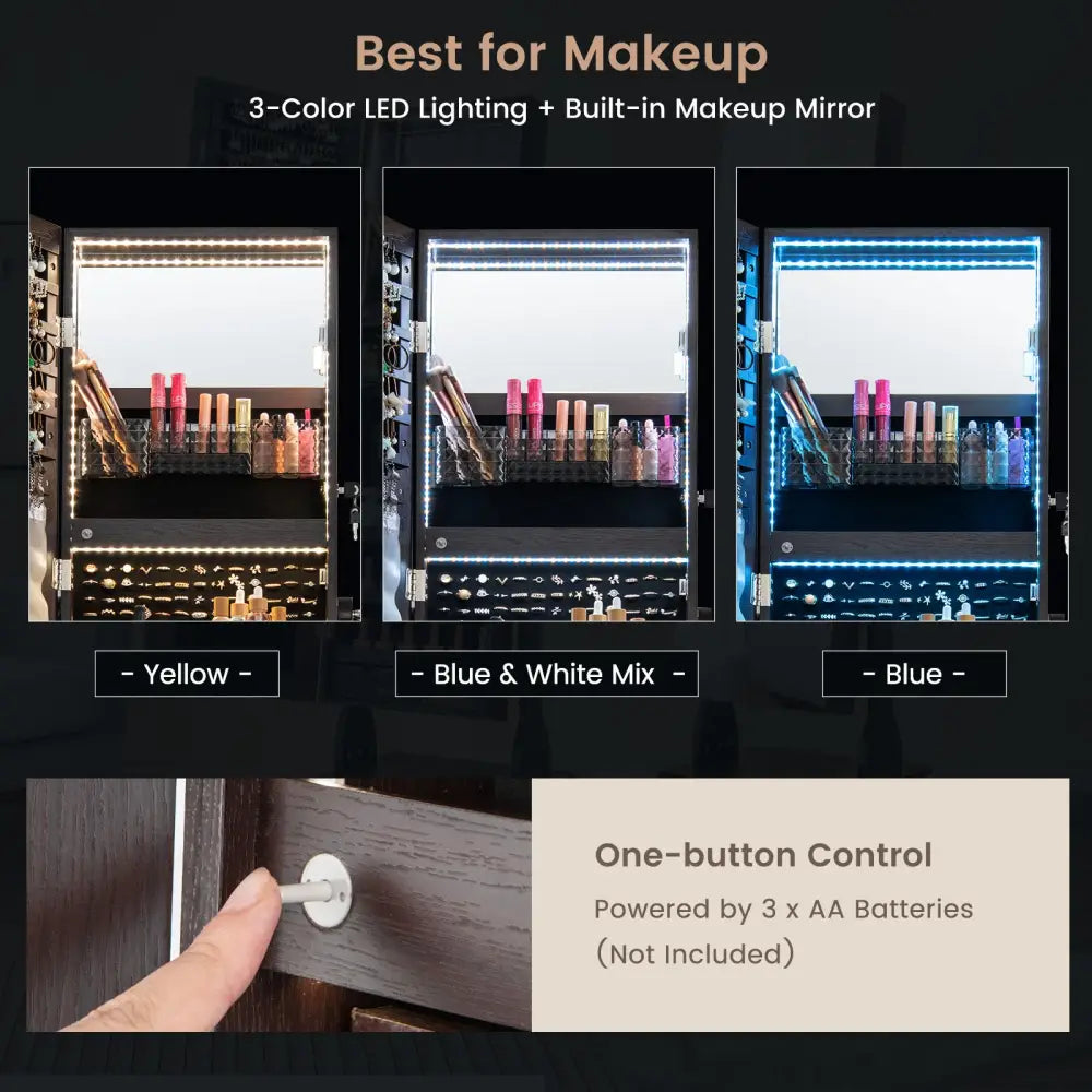47 Inch Lockable Jewelry Cabinet Armoire with 3-Color LED Lights-Brown - Brown - Jewelry Armoires