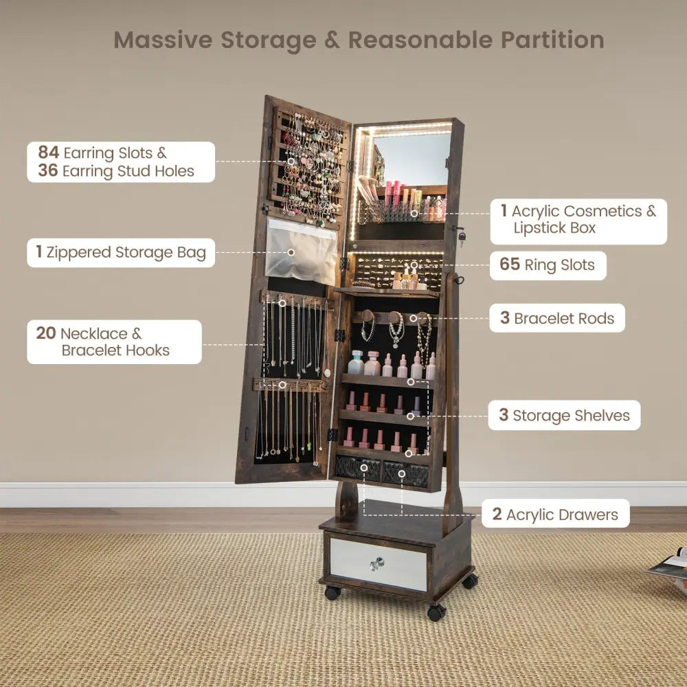 47 Inch Lockable Jewelry Cabinet Armoire with 3-Color LED Lights-Rustic Brown Costway