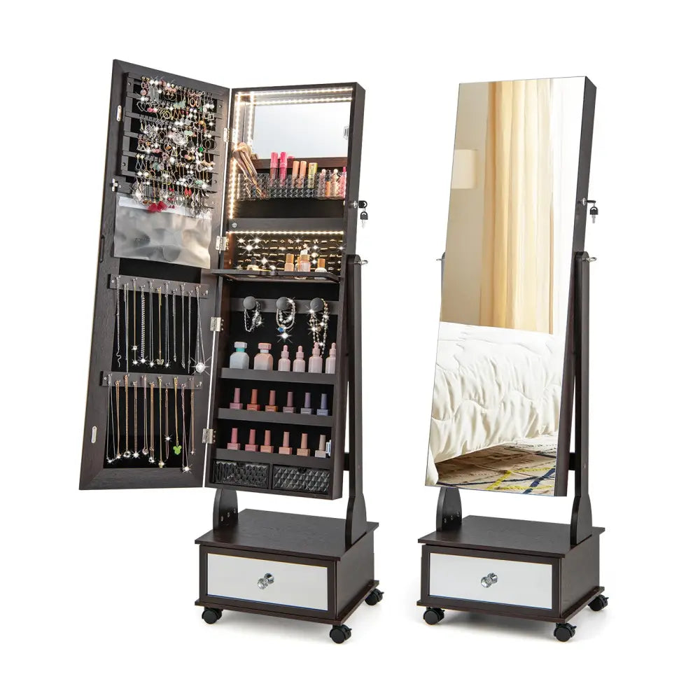47 Inch Lockable Jewelry Cabinet Armoire with 3-Color LED Lights-Brown - Brown - Jewelry Armoires