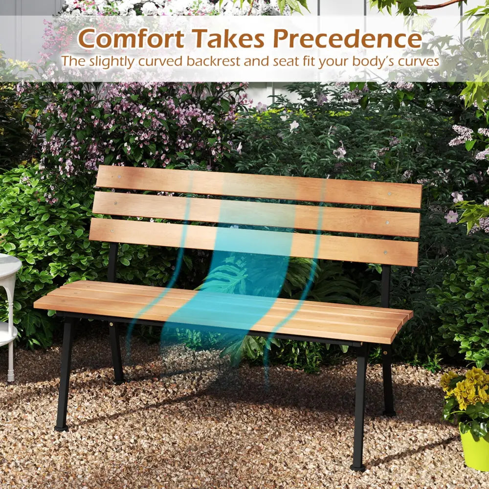 47 Inch Outdoor Acacia Wood Bench with Metal Frame and Slatted Seat - Outdoor Benches