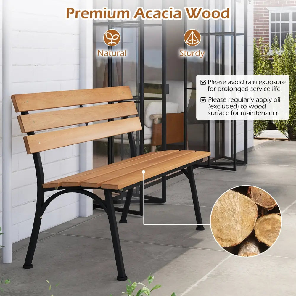 47 Inch Outdoor Acacia Wood Bench with Metal Frame and Slatted Seat - Outdoor Benches