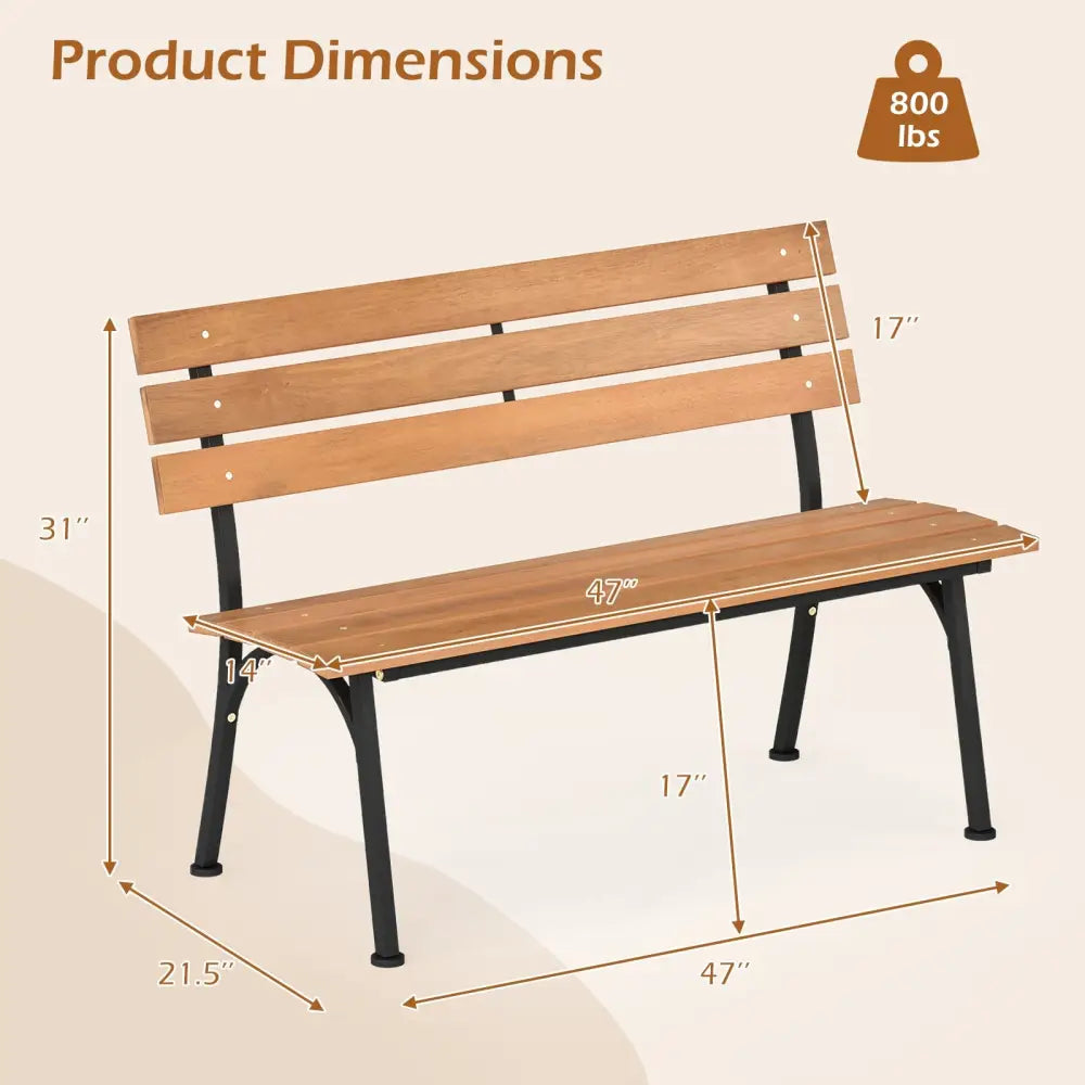 47 Inch Outdoor Acacia Wood Bench with Metal Frame and Slatted Seat - Outdoor Benches