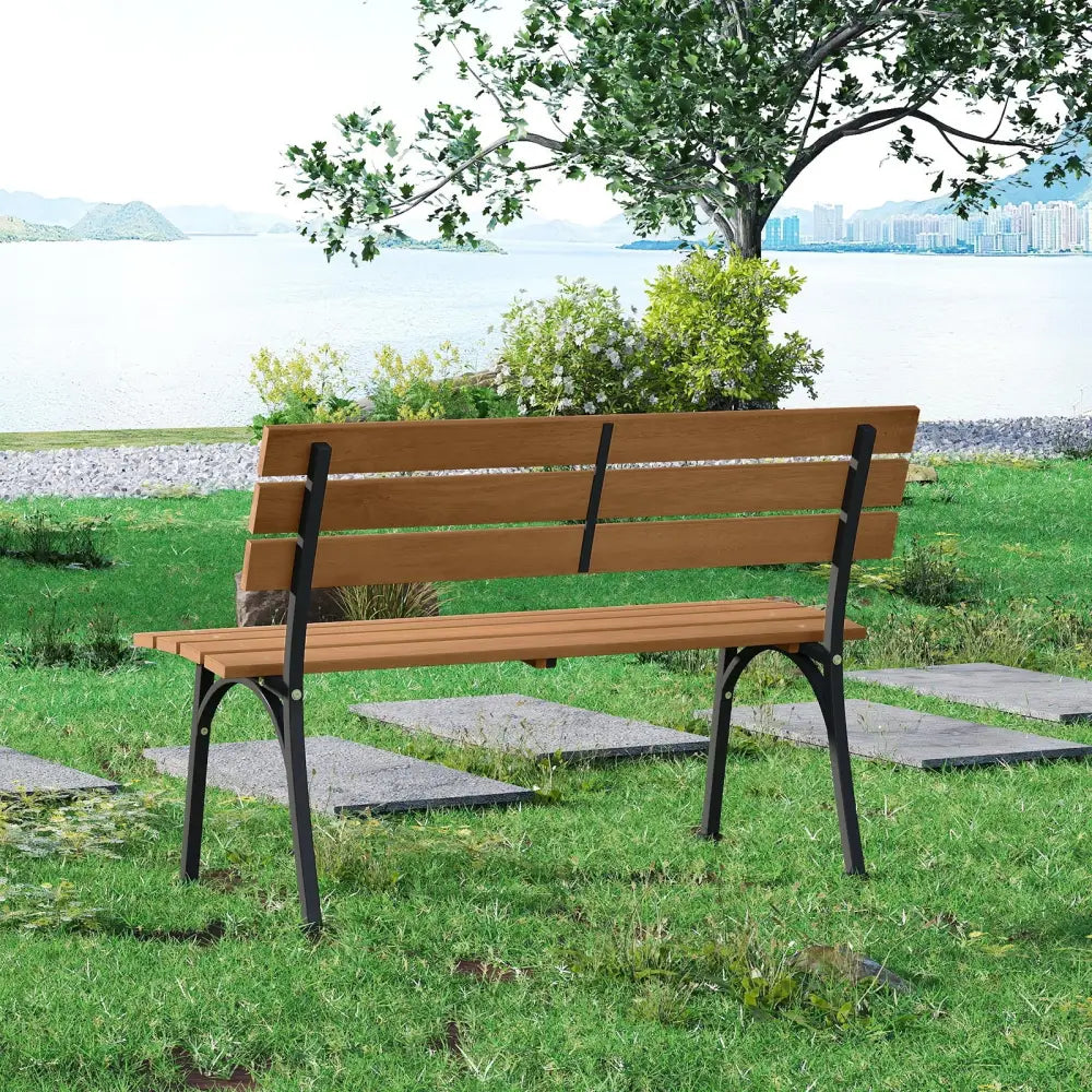 47 Inch Outdoor Acacia Wood Bench with Metal Frame and Slatted Seat - Outdoor Benches