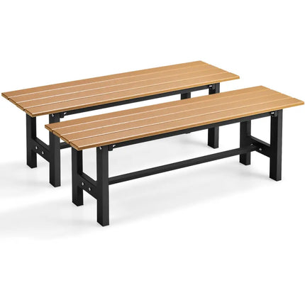47 Inch Outdoor Chair with Slatted Seat Plastic Coated Iron Frame-Brown - Brown - Outdoor Benches