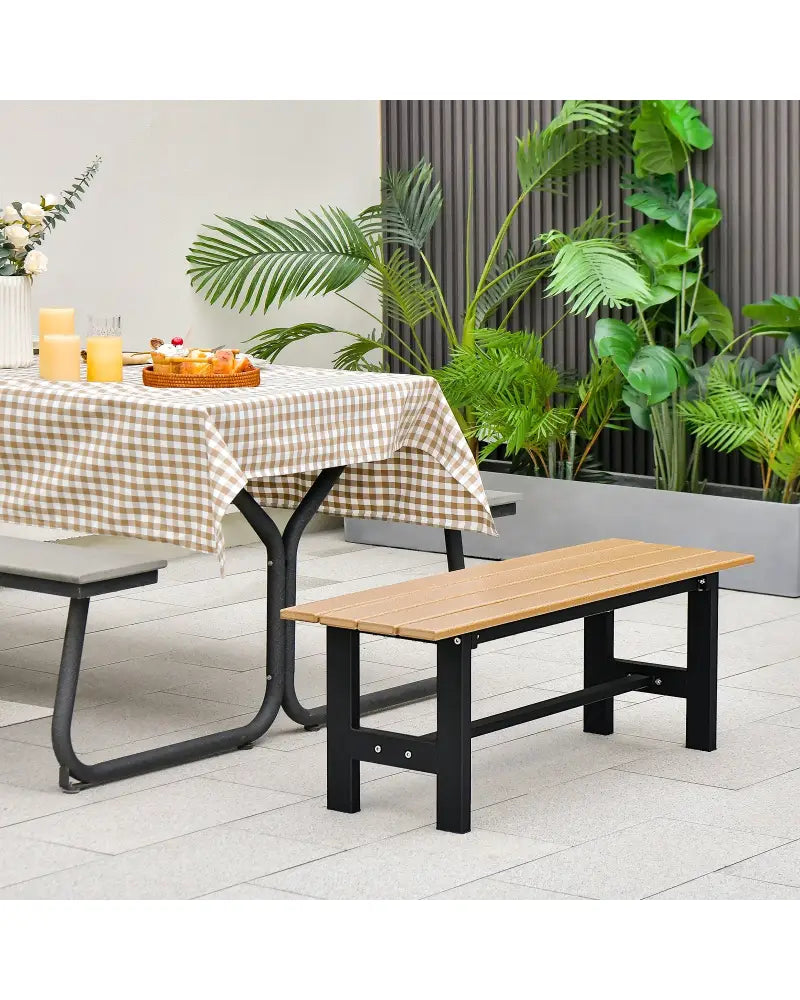 47 Inch Outdoor Chair with Slatted Seat Plastic Coated Iron Frame-Brown - Brown - Outdoor Benches