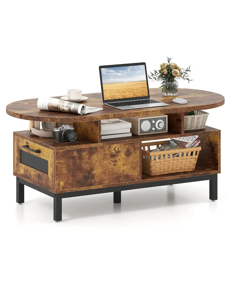 47 Inch Oval Coffee Table with Storage and Open Compartments for Living Room-Rustic Brown - Rustic Brown - Coffee Tables