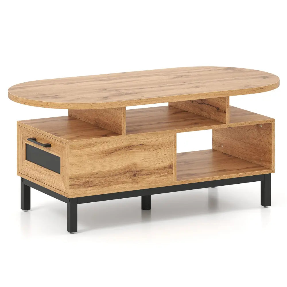 47 Inch Oval Coffee Table with Storage and Open Compartments for Living Room-Natural - Natural - Coffee Tables