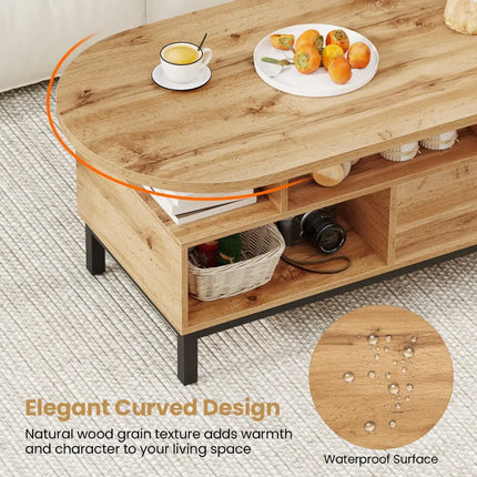 47 Inch Oval Coffee Table with Storage and Open Compartments for Living Room-Natural Costway