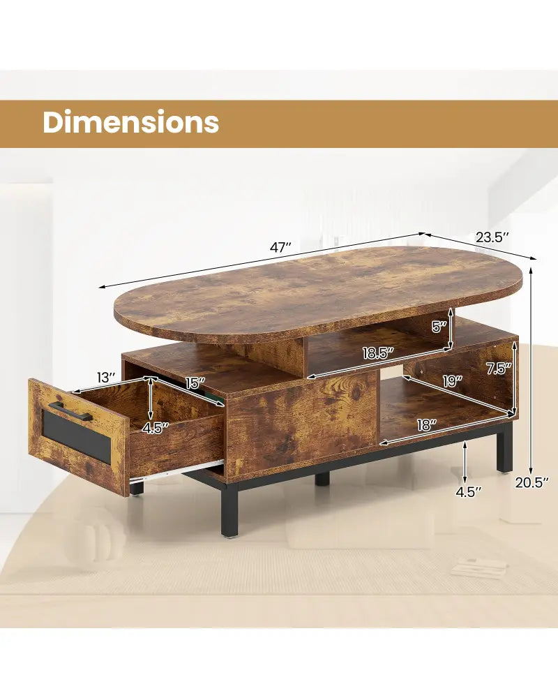 47 Inch Oval Coffee Table with Storage and Open Compartments for Living Room-Rustic Brown - Rustic Brown - Coffee Tables