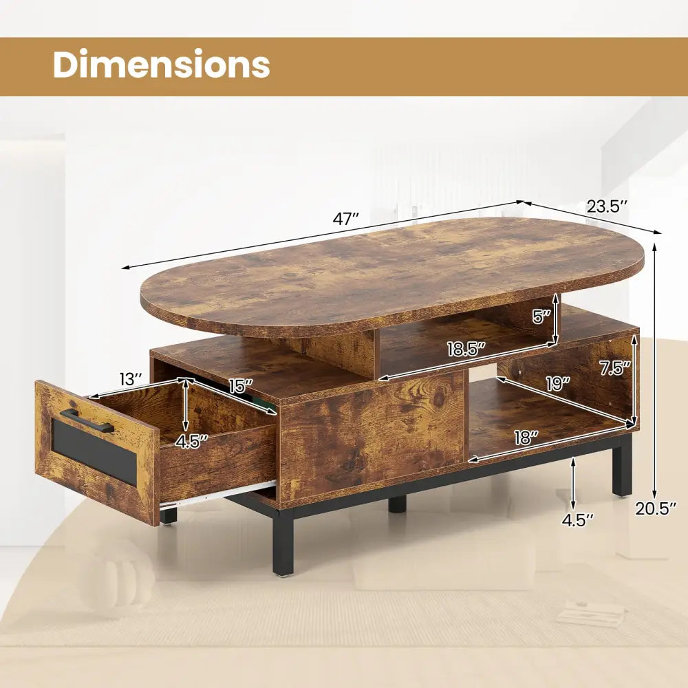 47 Inch Oval Coffee Table with Storage and Open Compartments for Living Room-Rustic Brown - Rustic Brown - Coffee Tables