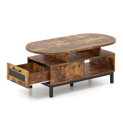 47 Inch Oval Coffee Table with Storage and Open Compartments for Living Room-Rustic Brown Costway