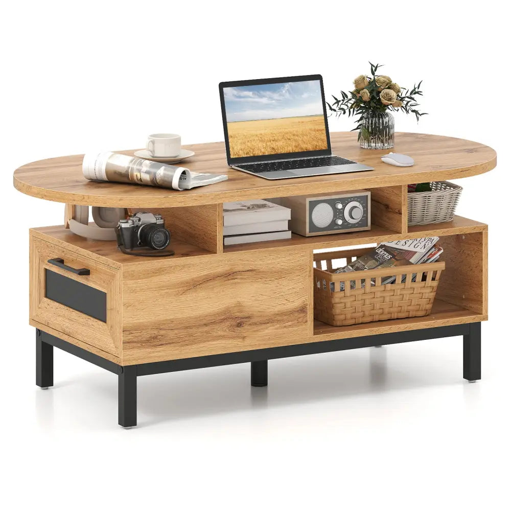 47 Inch Oval Coffee Table with Storage and Open Compartments for Living Room-Natural - Natural - Coffee Tables