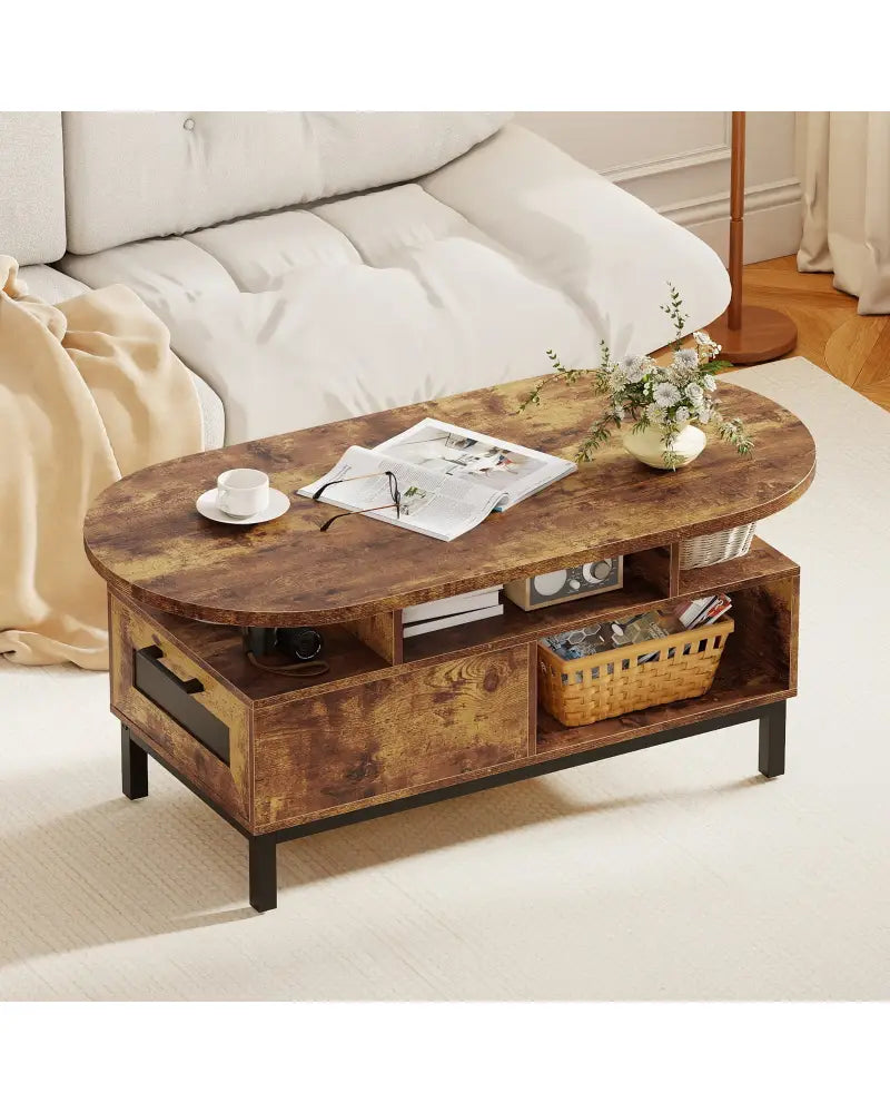47 Inch Oval Coffee Table with Storage and Open Compartments for Living Room-Rustic Brown - Rustic Brown - Coffee Tables