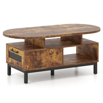 47 Inch Oval Coffee Table with Storage and Open Compartments for Living Room-Rustic Brown Costway