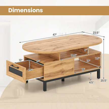 47 Inch Oval Coffee Table with Storage and Open Compartments for Living Room-Natural Costway