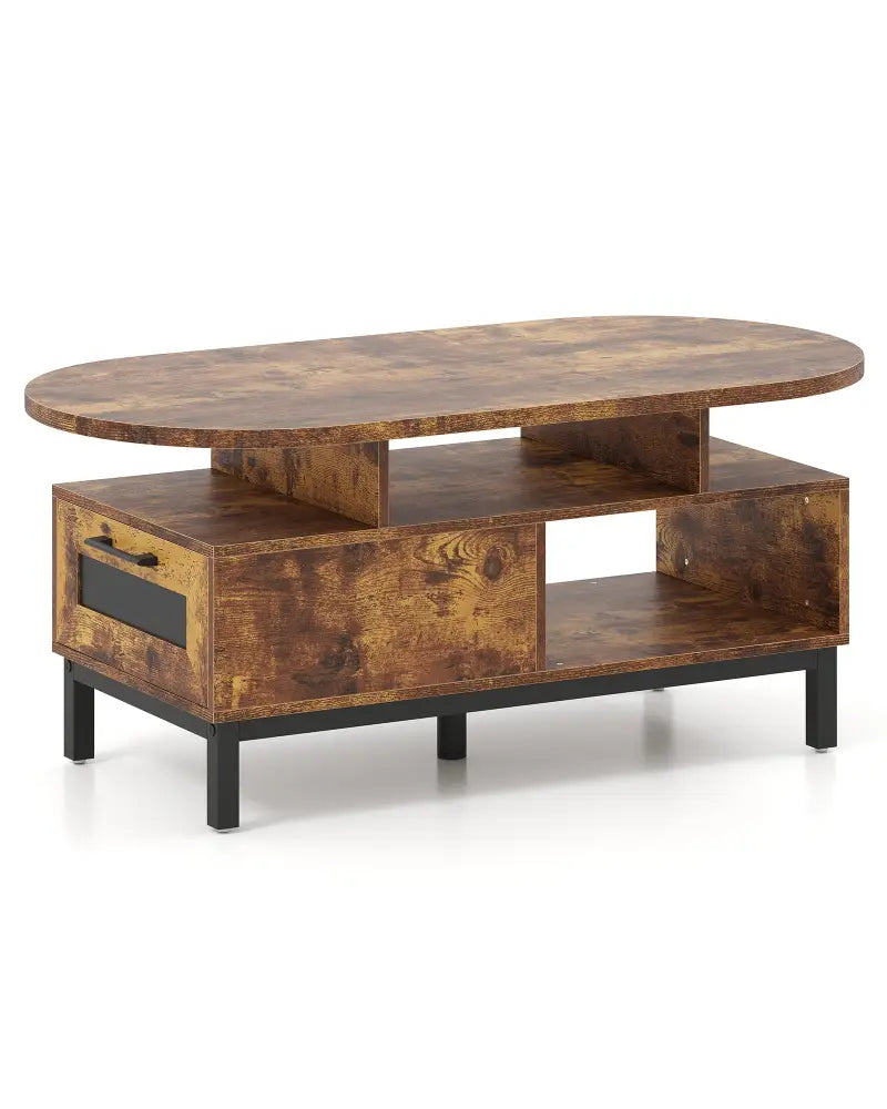 47 Inch Oval Coffee Table with Storage and Open Compartments for Living Room-Rustic Brown - Rustic Brown - Coffee Tables
