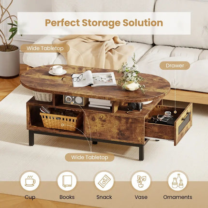 47 Inch Oval Coffee Table with Storage and Open Compartments for Living Room-Rustic Brown Costway