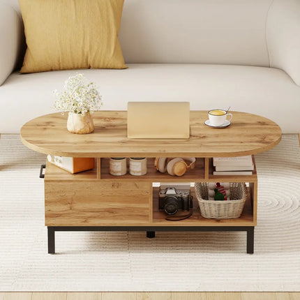 47 Inch Oval Coffee Table with Storage and Open Compartments for Living Room-Natural Costway