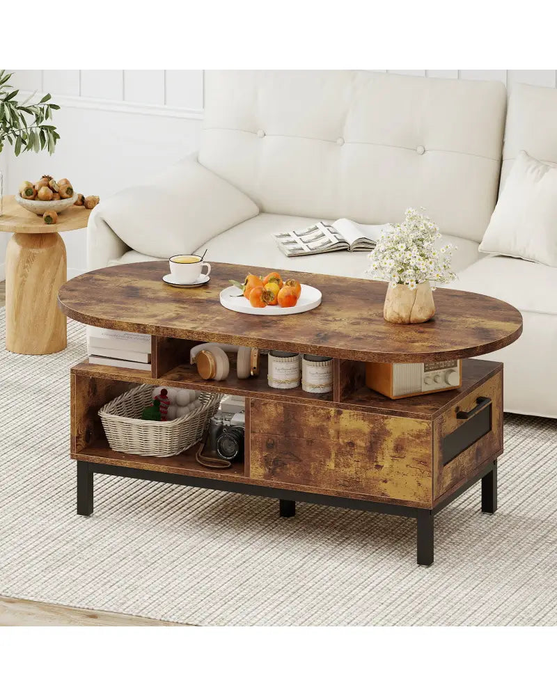 47 Inch Oval Coffee Table with Storage and Open Compartments for Living Room-Rustic Brown - Rustic Brown - Coffee Tables