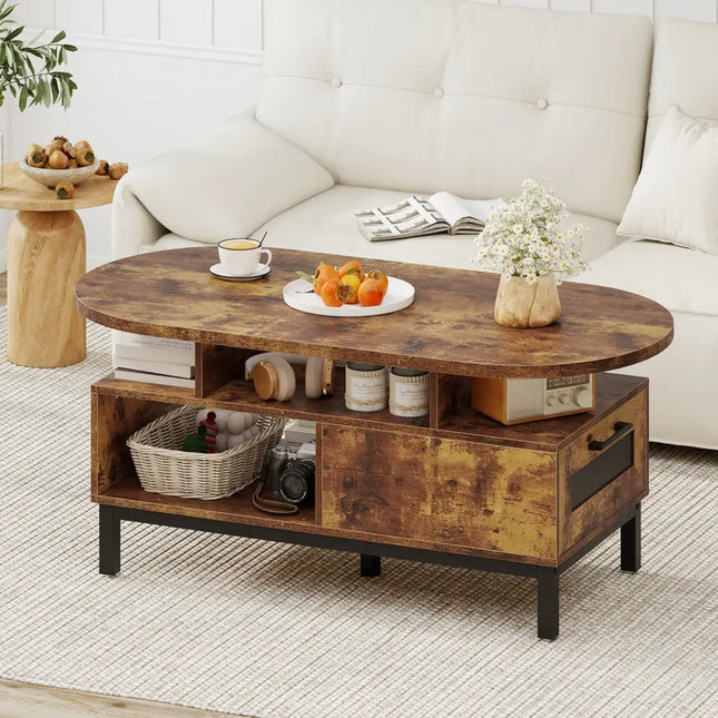 47 Inch Oval Coffee Table with Storage and Open Compartments for Living Room-Rustic Brown Costway