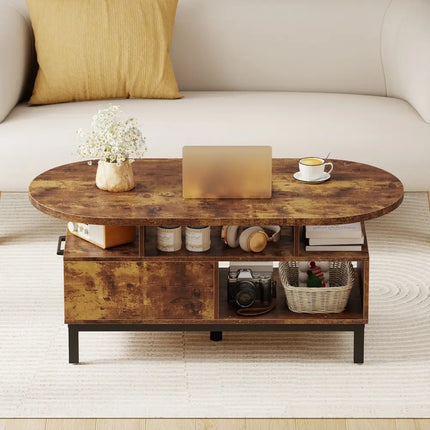 47 Inch Oval Coffee Table with Storage and Open Compartments for Living Room-Rustic Brown Costway