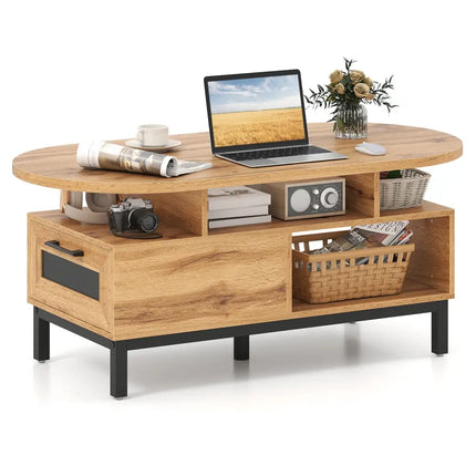 47 Inch Oval Coffee Table with Storage and Open Compartments for Living Room-Natural Costway